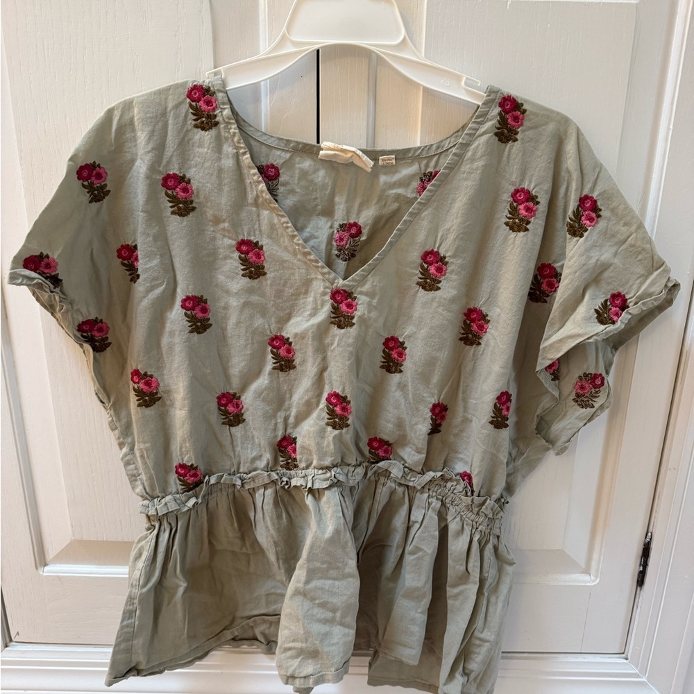 Anthropologie Sage Green Peplum Top with Pink Floral Embroidery